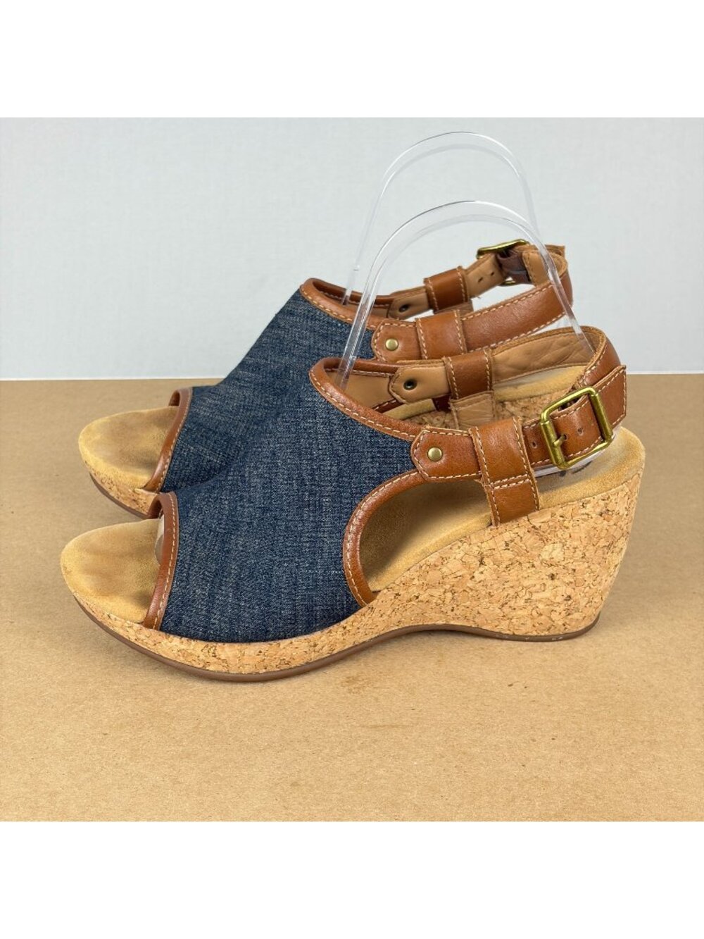 Clarks Harwich Helm Cork Wedge Sandals Womens 9 Blue Tan Ankle Strap Open Toe